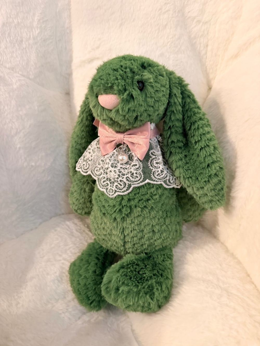 Jellycat Ireland exclusive Green Plush Bunny with Pink Ribbon and Cream Pom